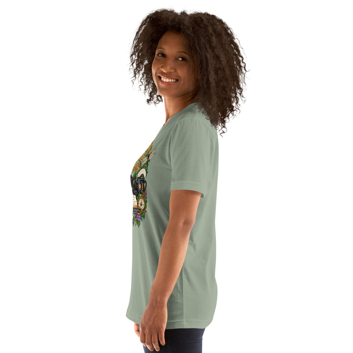Currently Reading The Signs dark academia design, two black cats asleep over an open book beneath a crescent moon, on a sage unisex t-shirt, left side view