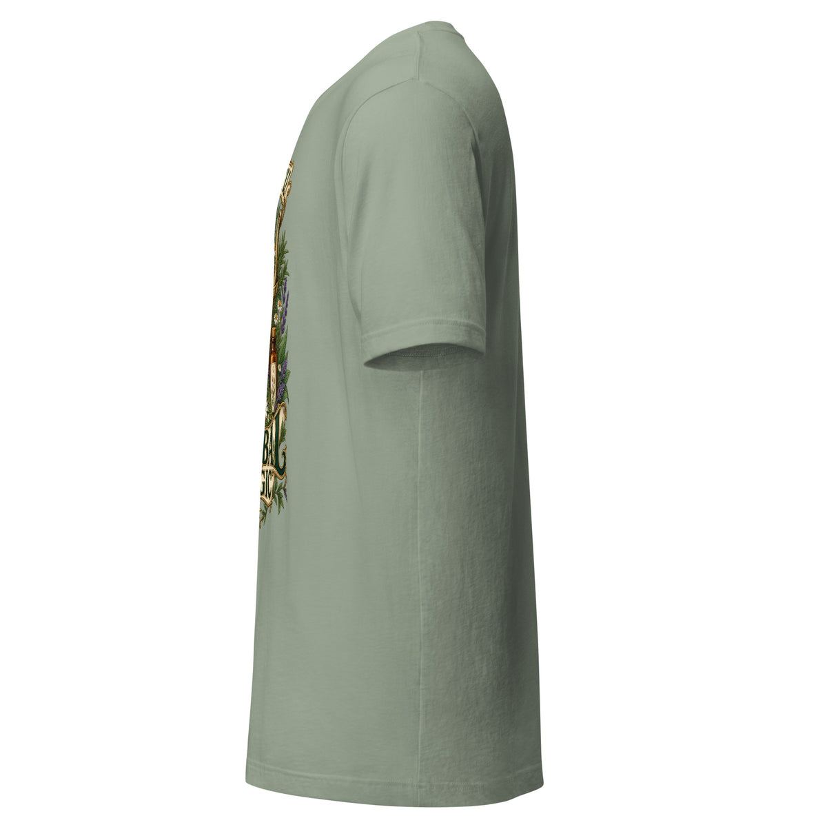 A Little Herbal Magic unisex t-shirt in sage, left side, showing the sleeve and side seam.