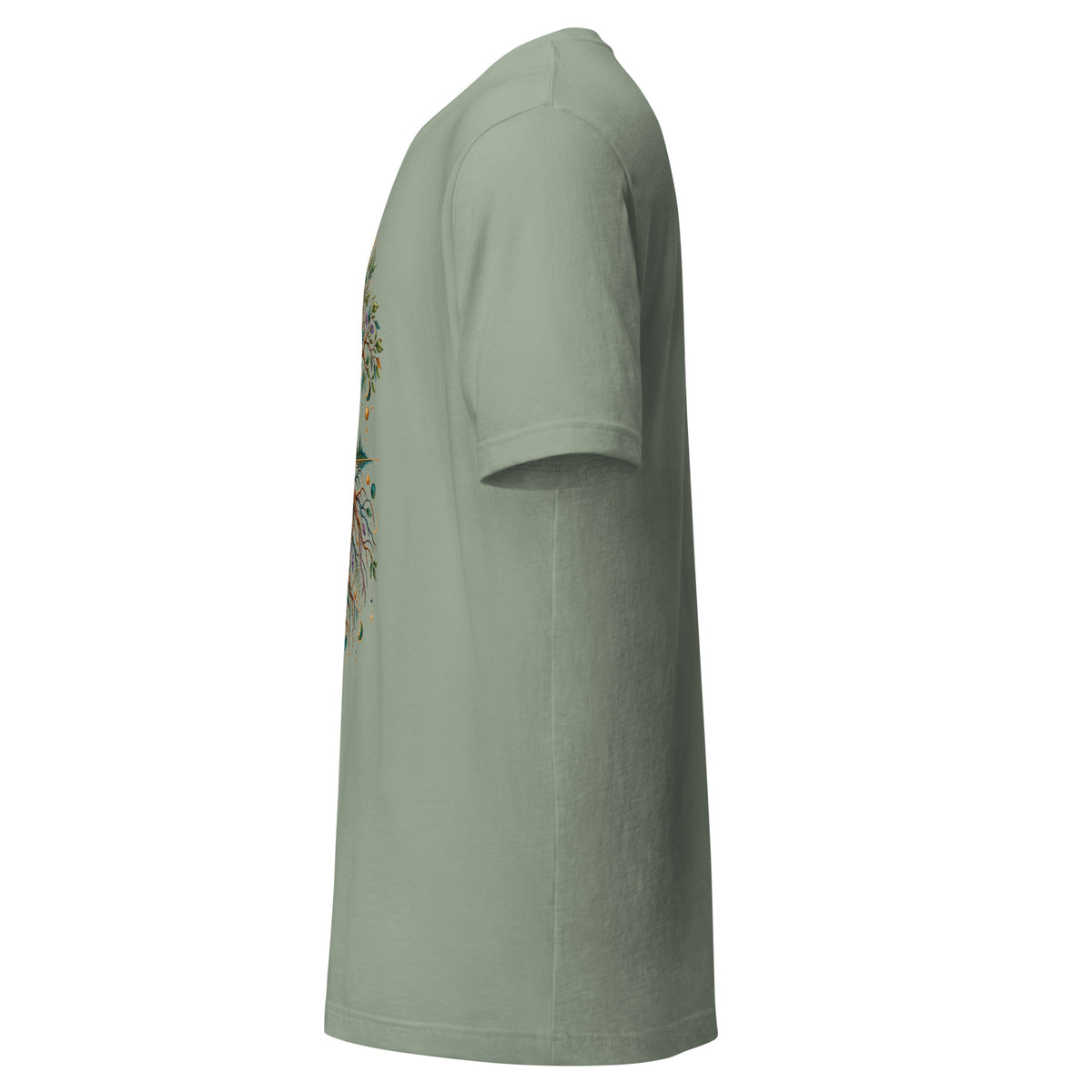 Grounded unisex t-shirt in sage, left side, showing the sleeve and side seam.