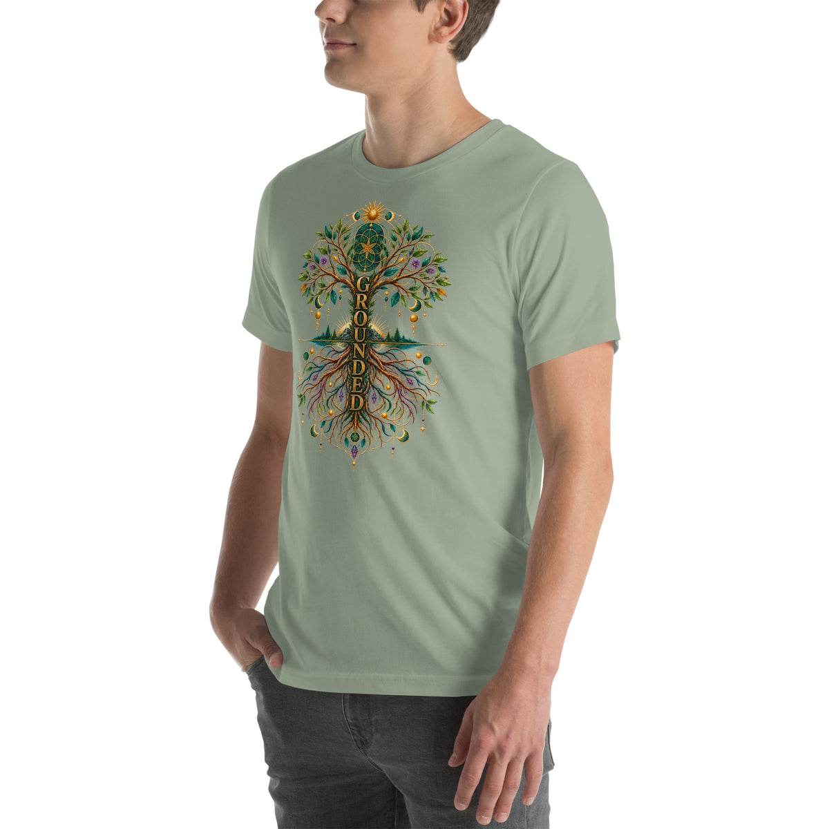 Grounded in Divine Energy design, on a sage unisex t-shirt, angled left front view