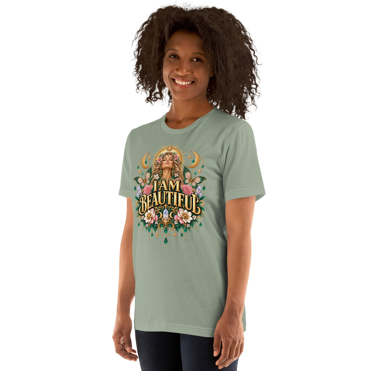 I Am Beautiful affirmation design with roses, butterflies and twin crescents in gold, on a sage unisex t-shirt, angled left front view