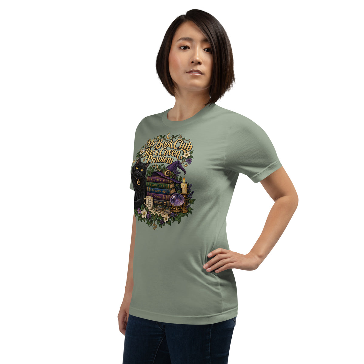 My Book Club Has A Coven Problem dark academia design, a witchy black cat and a stack of spellbooks, on a sage unisex t-shirt, left front view