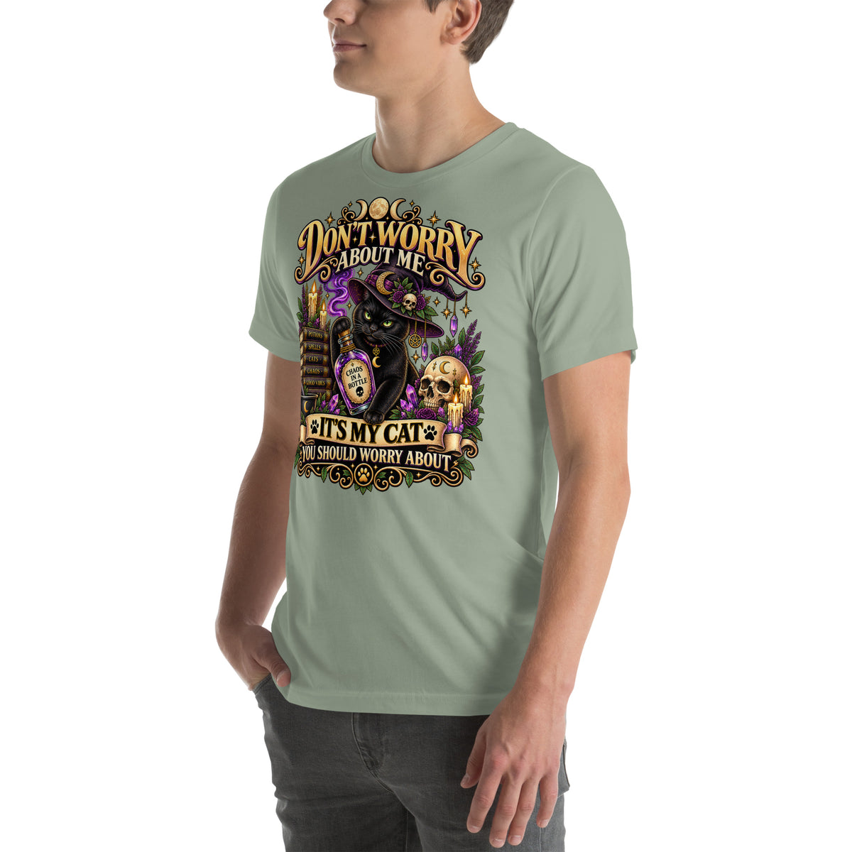 Model wearing a Sage It's My Cat You Should Worry About t-shirt, left side view
