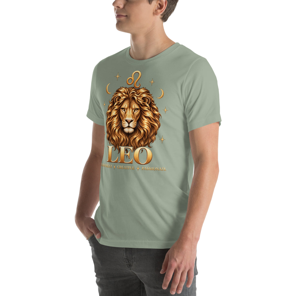 Leo zodiac t-shirt in sage, front view angled left