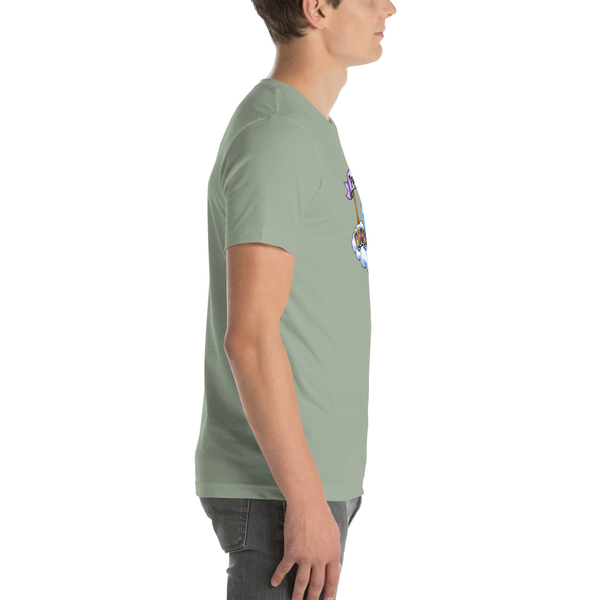 Psychic Is In design, playful floating clouds beneath a banner that reads Psychic Is Open for Business, on a sage unisex t-shirt, right side view