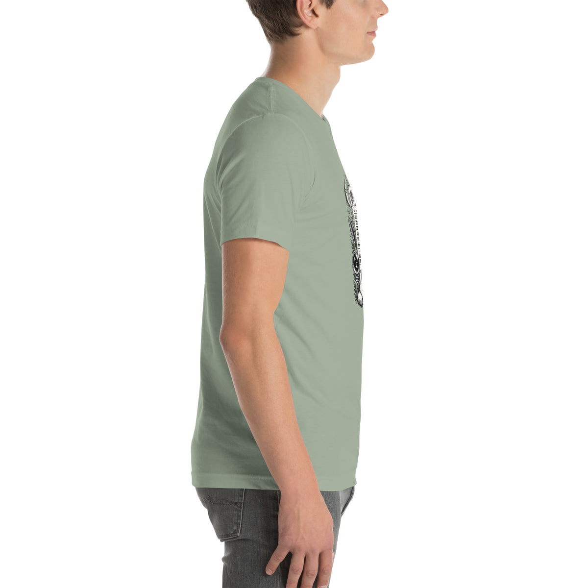 Trust the Signs design, a receipt from the Universe listing the angel numbers and their meanings, with a crystal ball and a candle, on a sage unisex t-shirt, right side view
