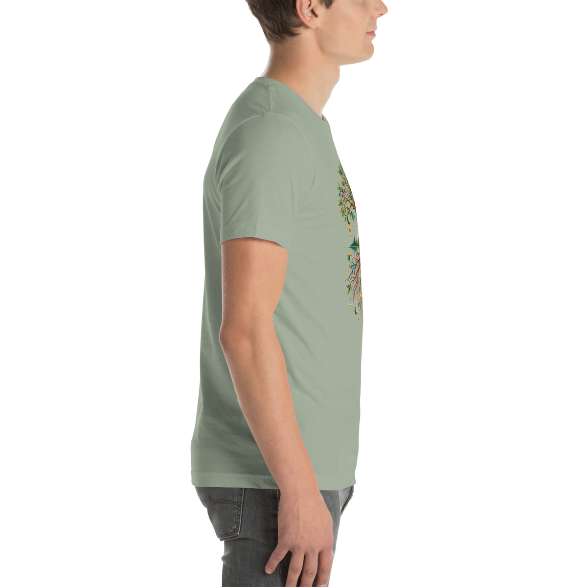 Grounded in Divine Energy design, on a sage unisex t-shirt, right side view