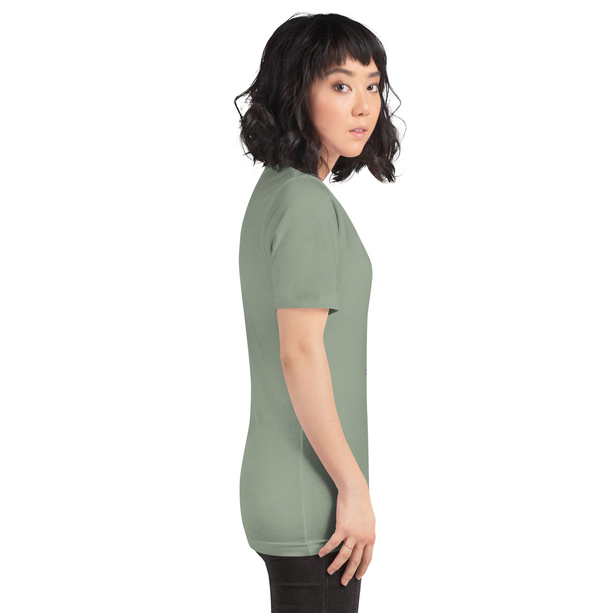 Chaos Coordinator whimsigoth design, a witchy black cat in a pointed hat, on a sage unisex t-shirt, right side view