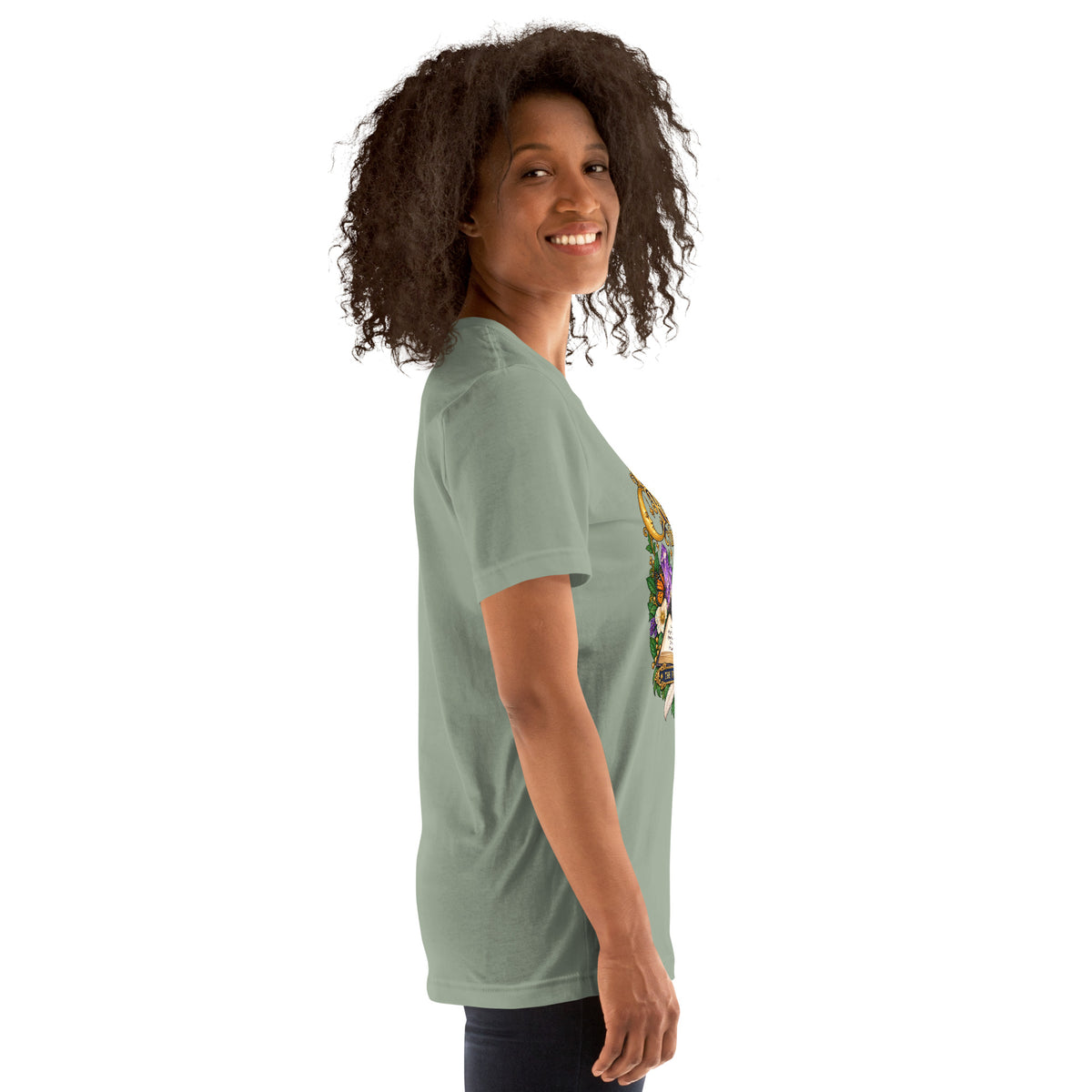 Currently Reading The Signs dark academia design, two black cats asleep over an open book beneath a crescent moon, on a sage unisex t-shirt, right side view
