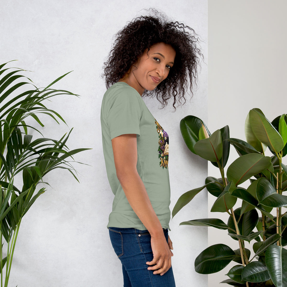 Kismet, Some Things Are Meant To Find You design, on a sage unisex t-shirt, right side view