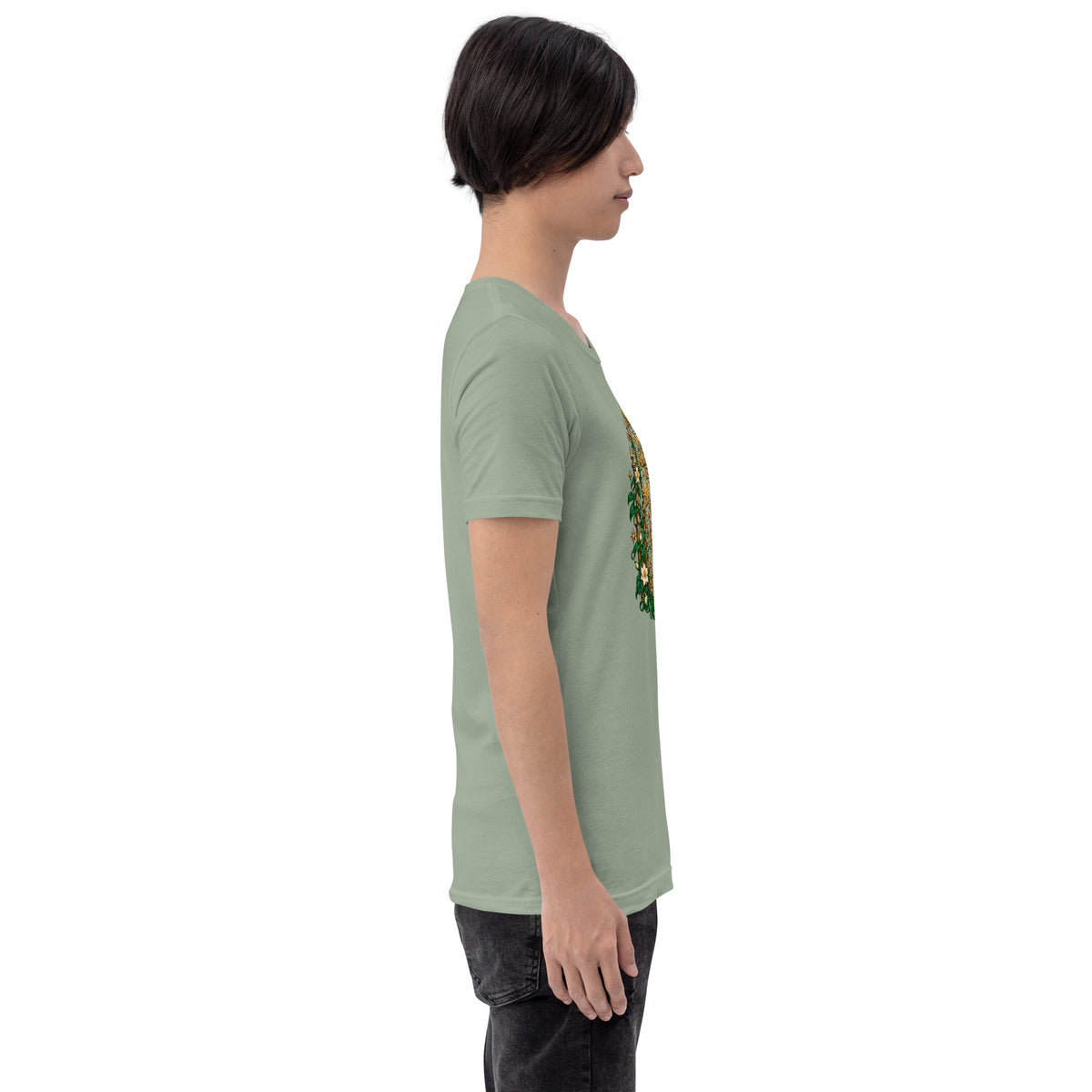 Not Everything Gets Access design, an ornate gold gate framed by ivy and white jasmine, on a sage unisex t-shirt, right side view