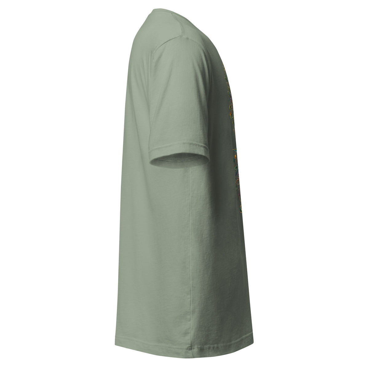 Grounded unisex t-shirt in sage, right side, showing the sleeve and shoulder taping.