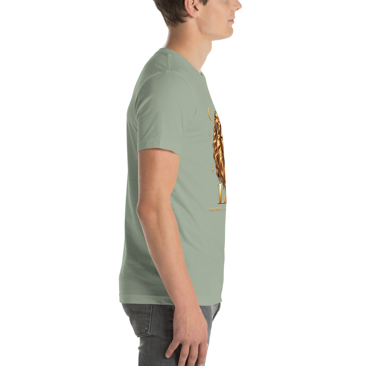 Leo zodiac t-shirt in sage, right side view