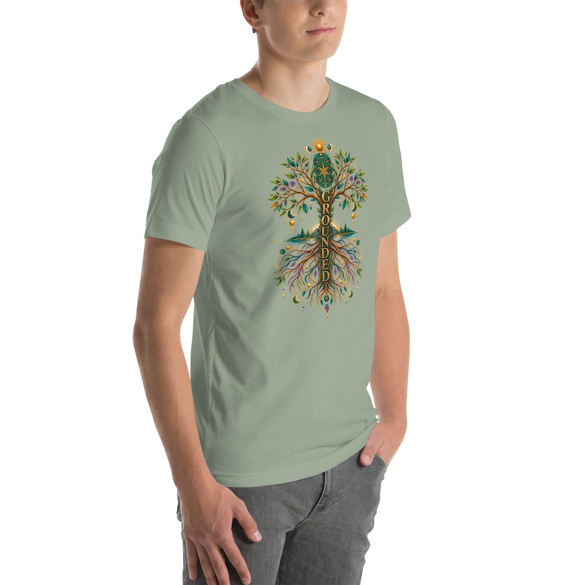 Grounded in Divine Energy design, on a sage unisex t-shirt, angled right front view