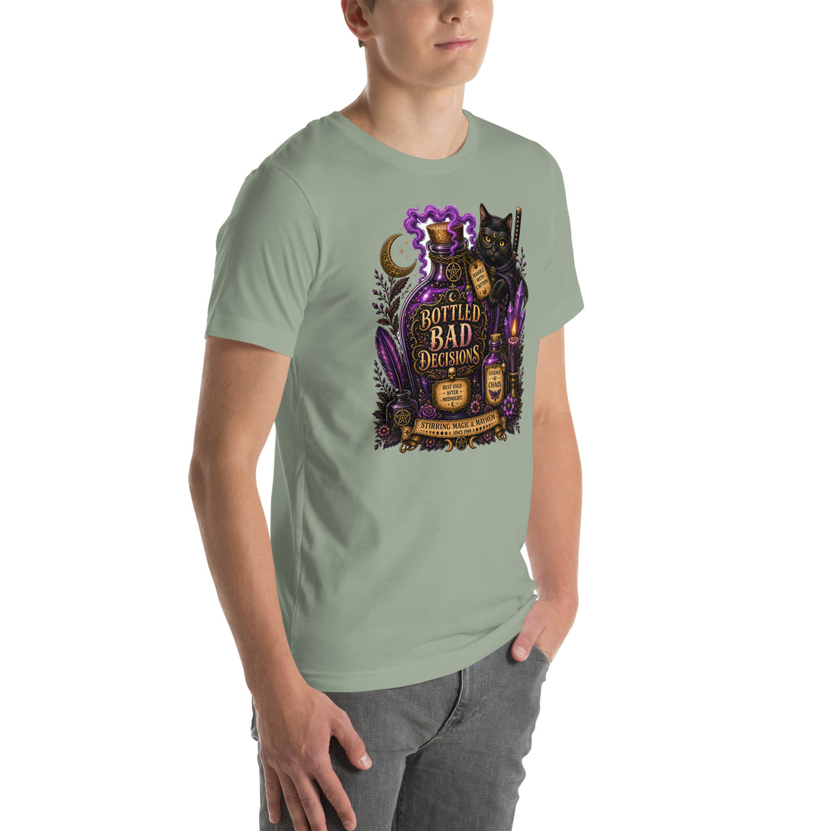 Bottled Bad Decisions whimsigoth design, a black cat and a glowing potion bottle, on a sage unisex t-shirt, right front view