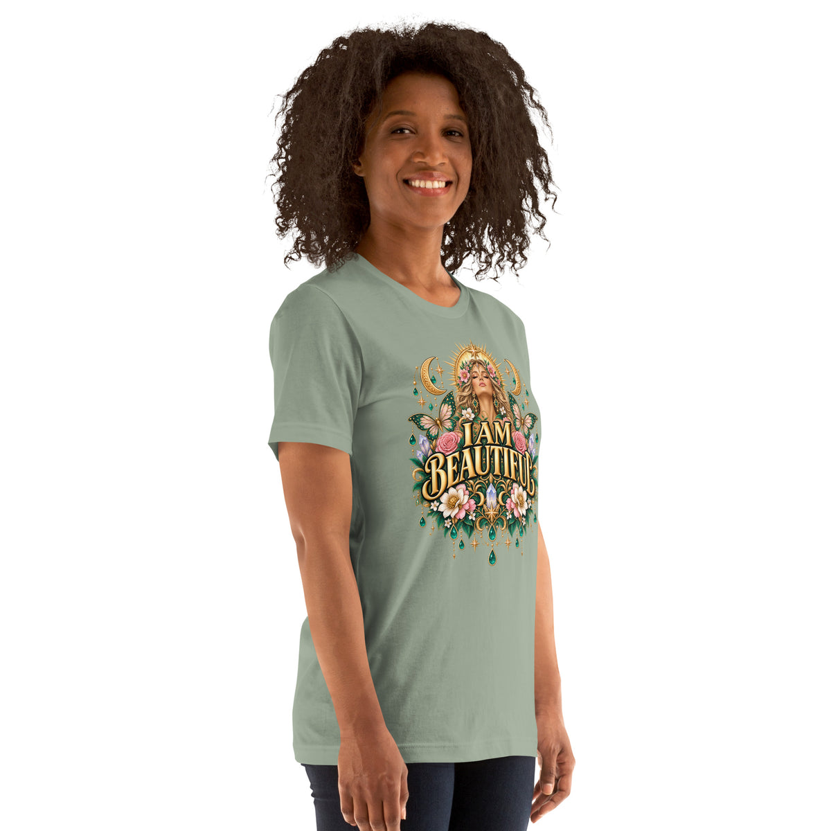 I Am Beautiful affirmation design with roses, butterflies and twin crescents in gold, on a sage unisex t-shirt, angled right front view