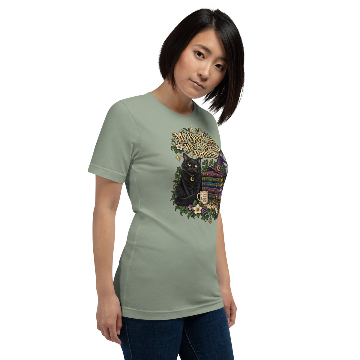 My Book Club Has A Coven Problem dark academia design, a witchy black cat and a stack of spellbooks, on a sage unisex t-shirt, right front view