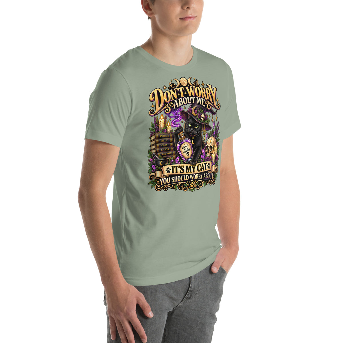 Model wearing a Sage It's My Cat You Should Worry About t-shirt, right side view