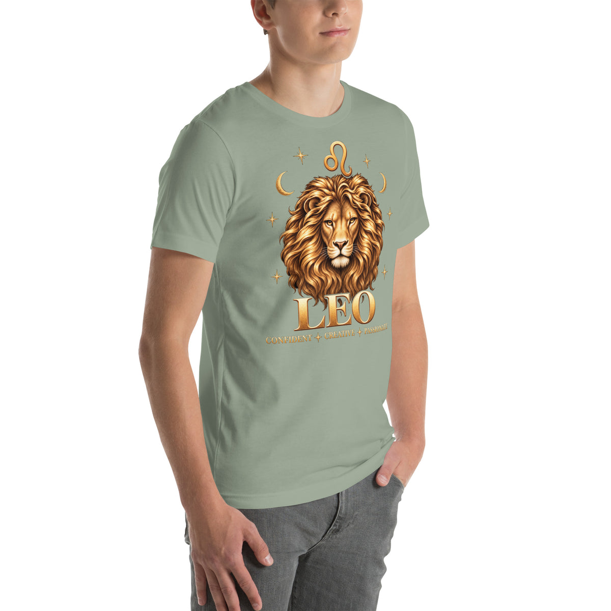 Leo zodiac t-shirt in sage, front view angled right