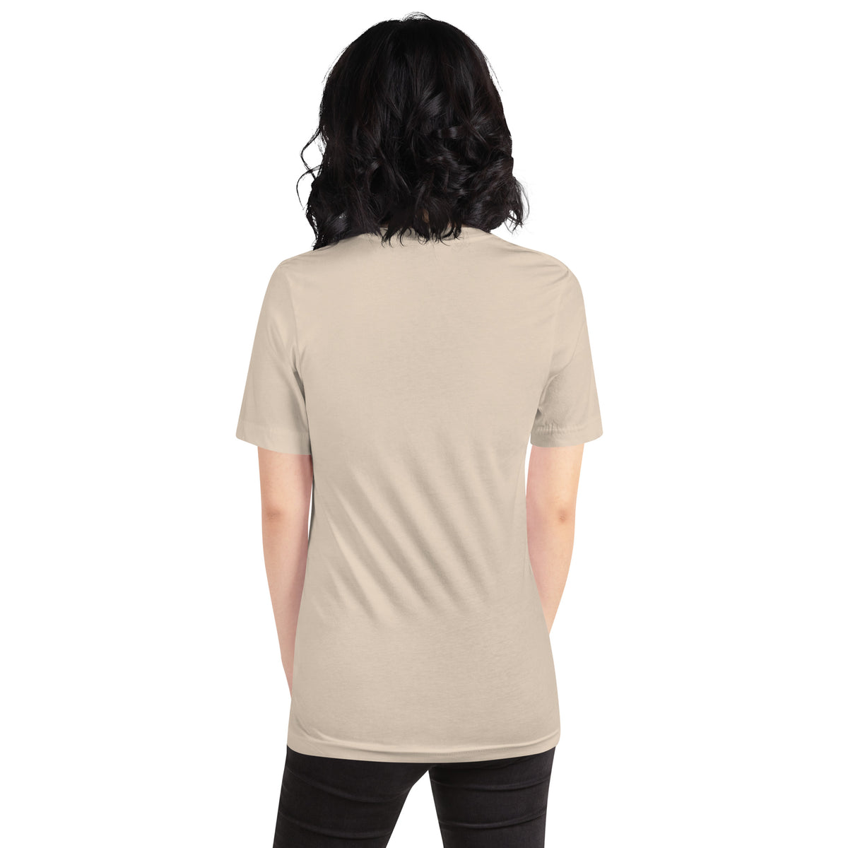Chaos Coordinator whimsigoth design, a witchy black cat in a pointed hat, on a soft cream unisex t-shirt, back view