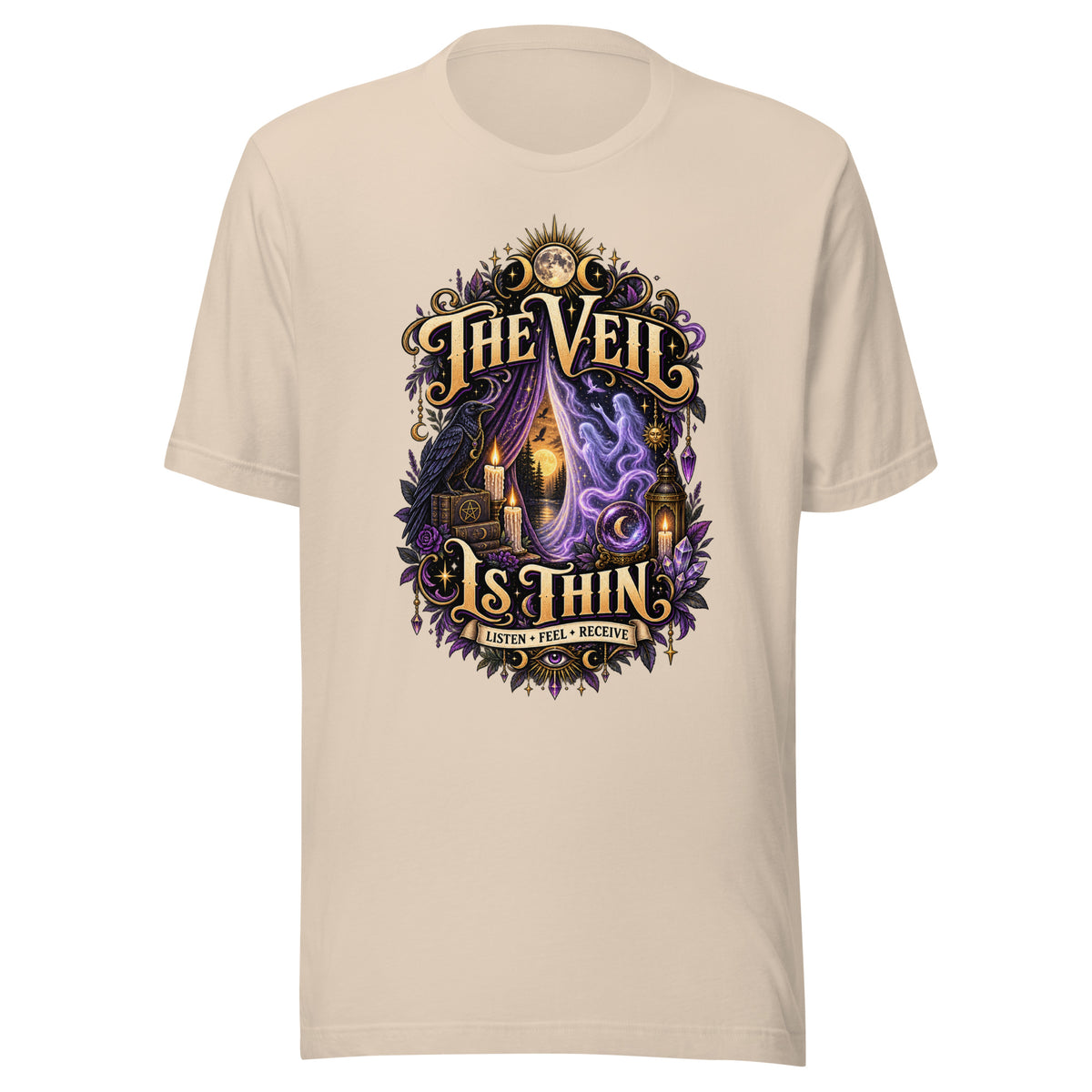 The Veil Is Thin whimsigoth design, a raven, candles and spirits rising through a parted veil, on a soft cream unisex t-shirt, front view