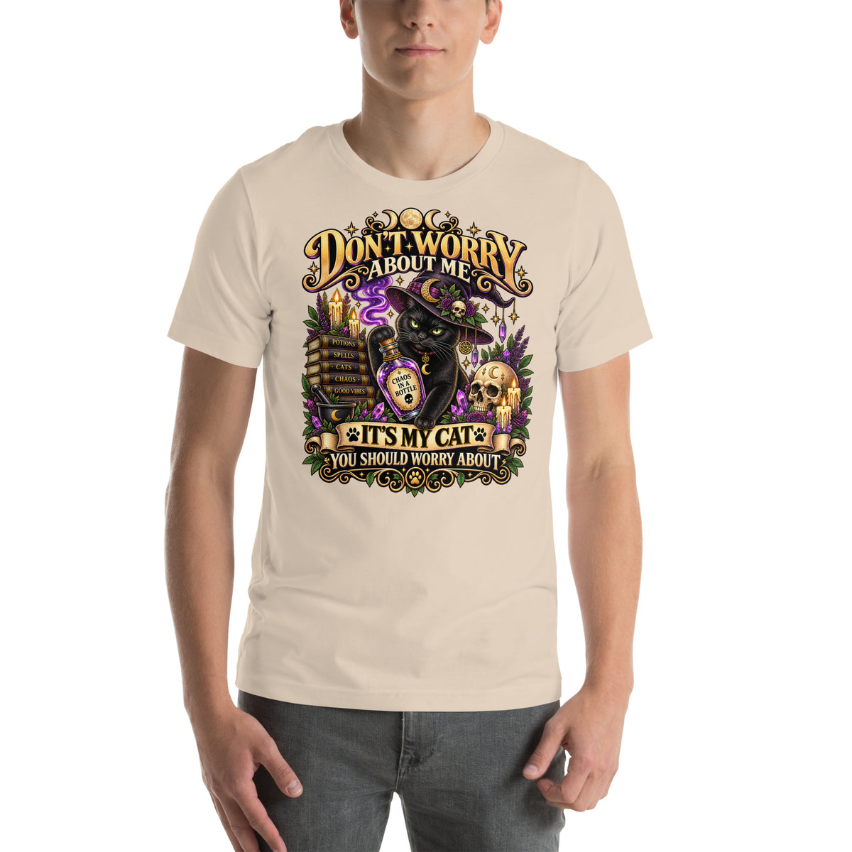 It's My Cat You Should Worry About black cat design on a Soft Cream unisex t-shirt, front view
