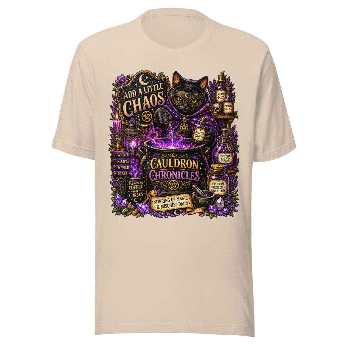 Add A Little Chaos design, a masked black cat stirring a bubbling purple cauldron, on a soft cream unisex t-shirt, front view