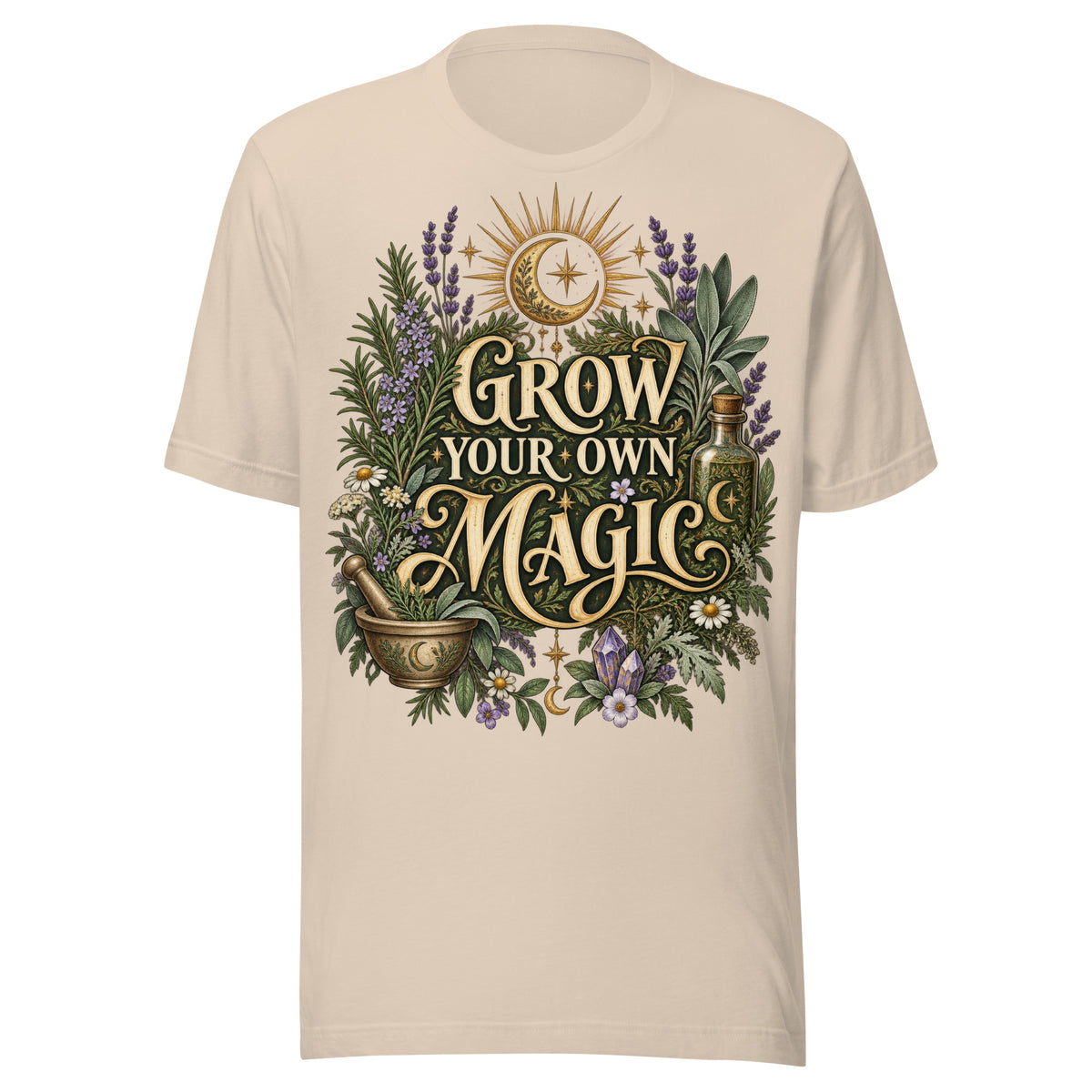 Grow Your Own Magic herbology design, herbs and a golden moon, on a soft cream unisex t-shirt, front view