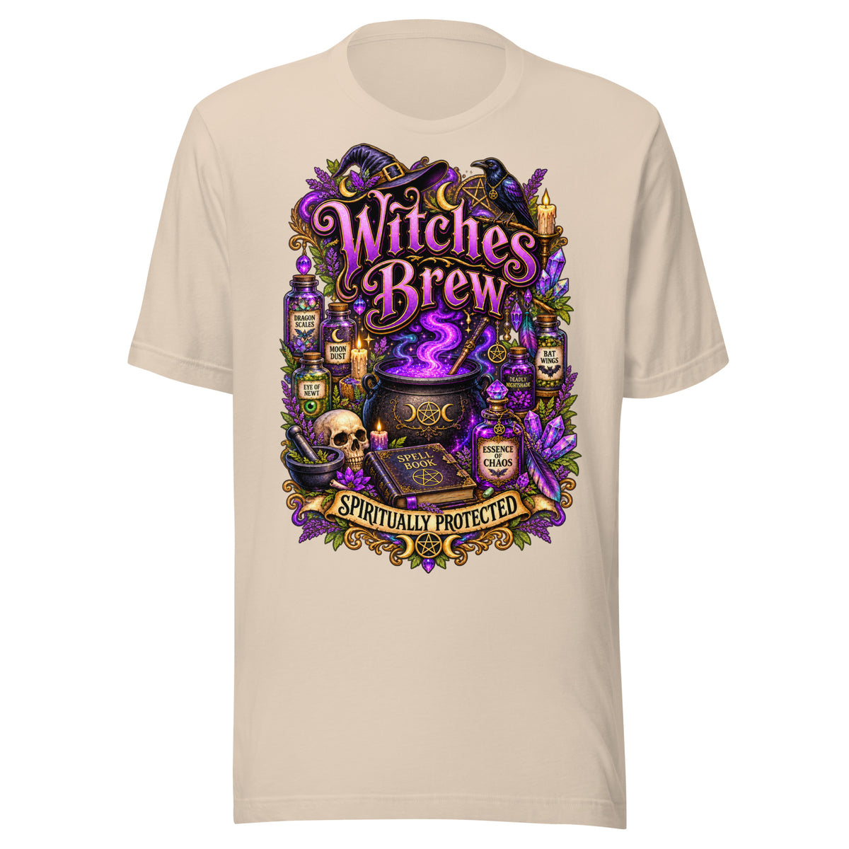 Witches Brew Spiritually Protected design, a bubbling cauldron with potion jars, on a soft cream unisex t-shirt, front view