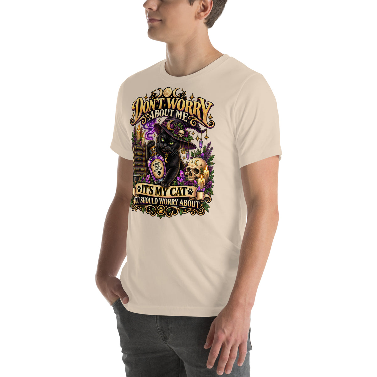 Model wearing a Soft Cream It's My Cat You Should Worry About t-shirt, left side view