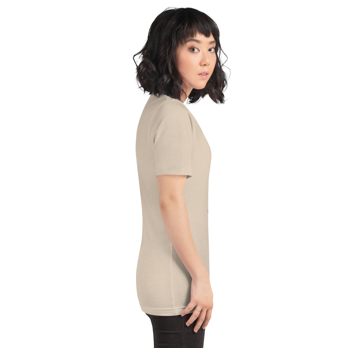 Chaos Coordinator whimsigoth design, a witchy black cat in a pointed hat, on a soft cream unisex t-shirt, right side view