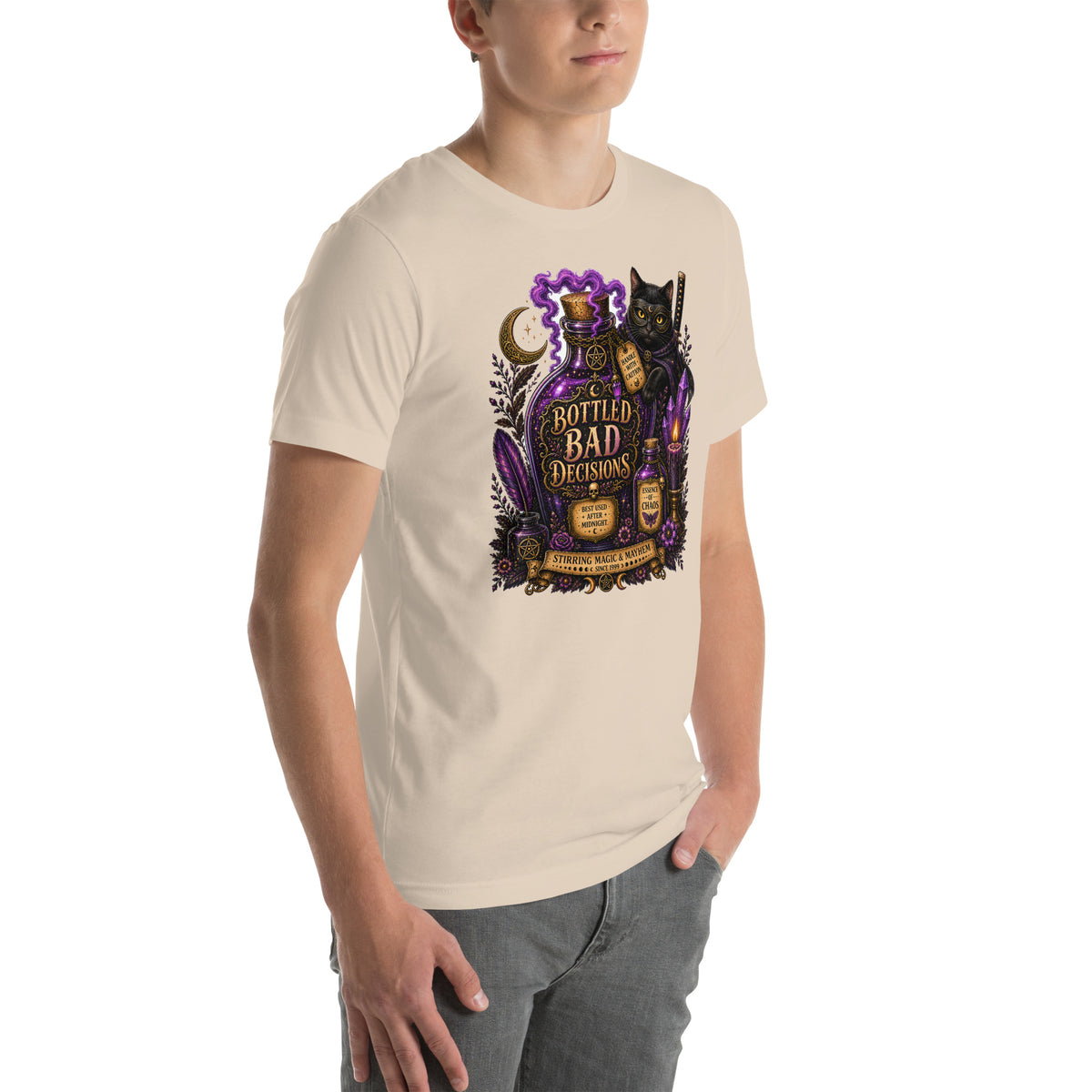 Bottled Bad Decisions whimsigoth design, a black cat and a glowing potion bottle, on a soft cream unisex t-shirt, right front view