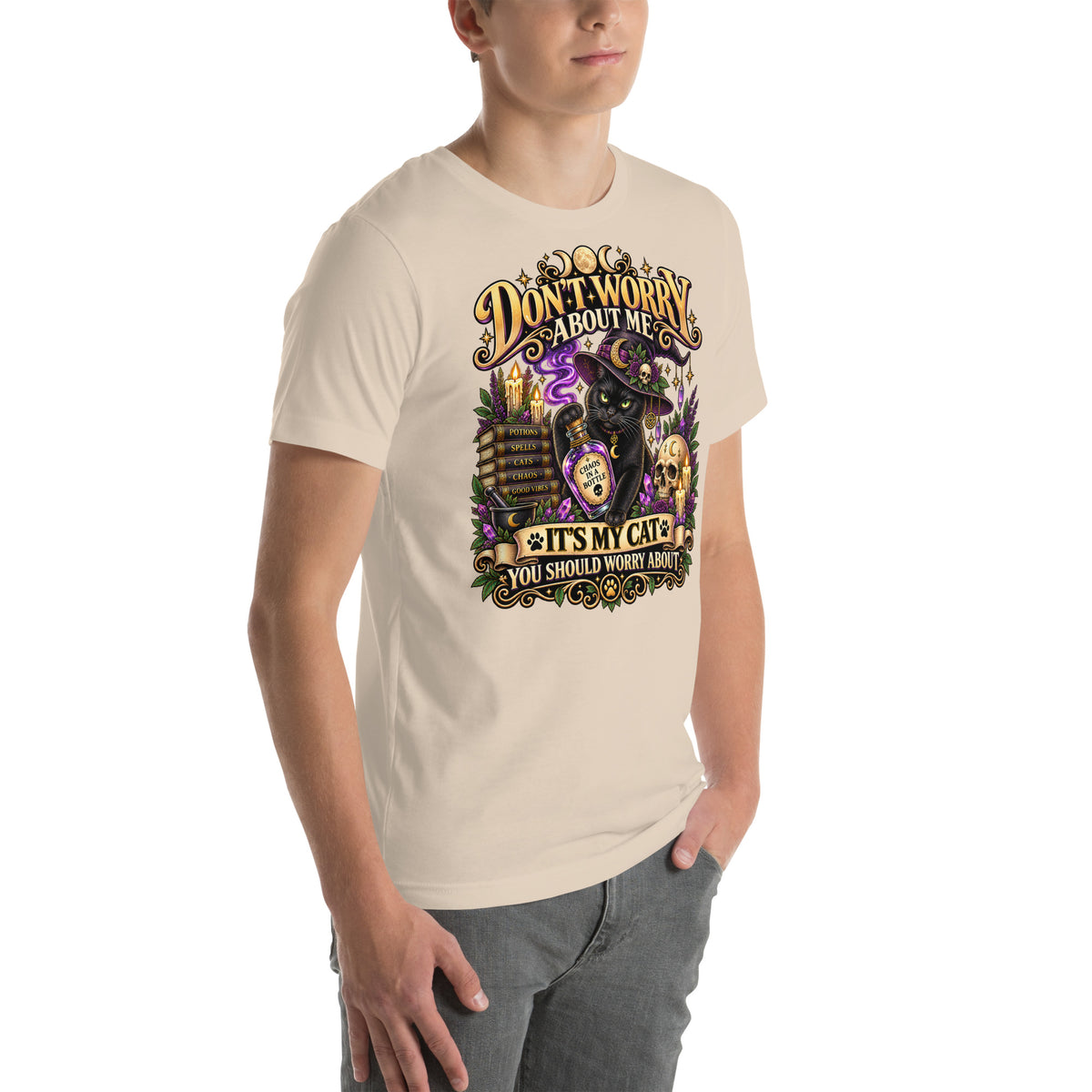 Model wearing a Soft Cream It's My Cat You Should Worry About t-shirt, right side view