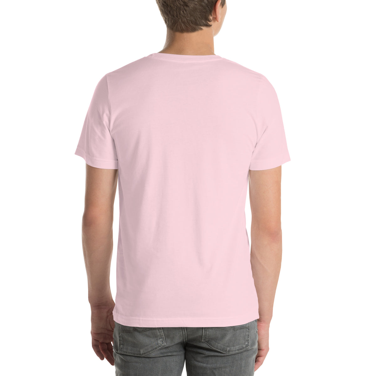 222 Trust The Timing angel number design, two white doves with olive branches, a gold pocket watch and white feathers, on a soft pink unisex t-shirt, back view