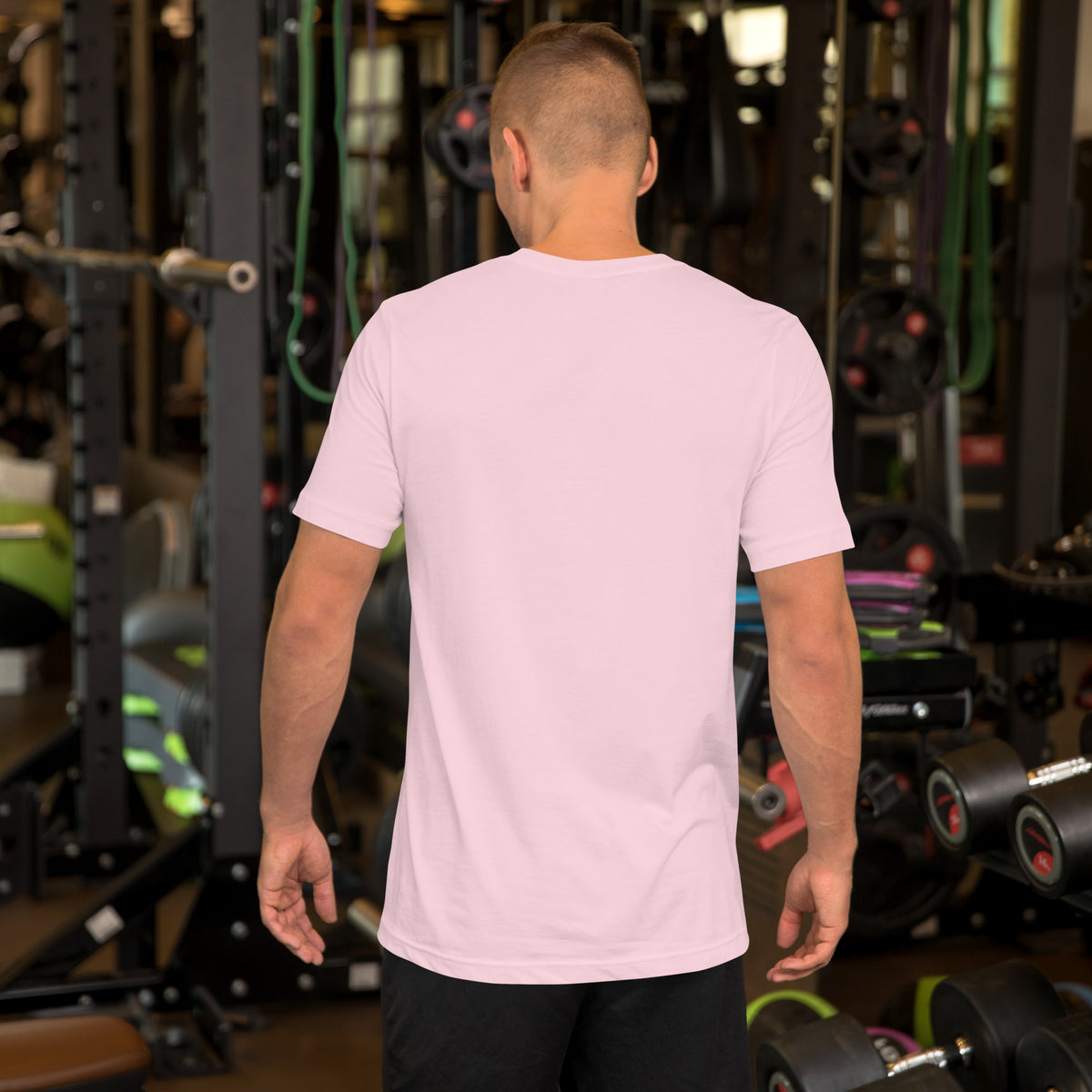 111 Thoughts Become Things angel number design, a golden sunburst with white lotus flowers and amethyst crystals, on a soft pink unisex t-shirt, back view
