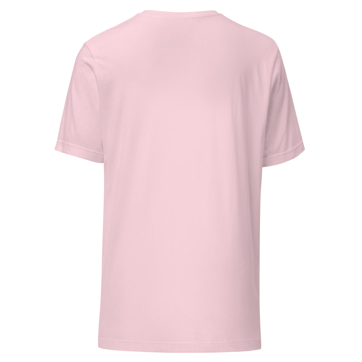 I Am Aligned affirmation design with a lotus, quartz and moon phases in gold, on a soft pink unisex t-shirt, back view