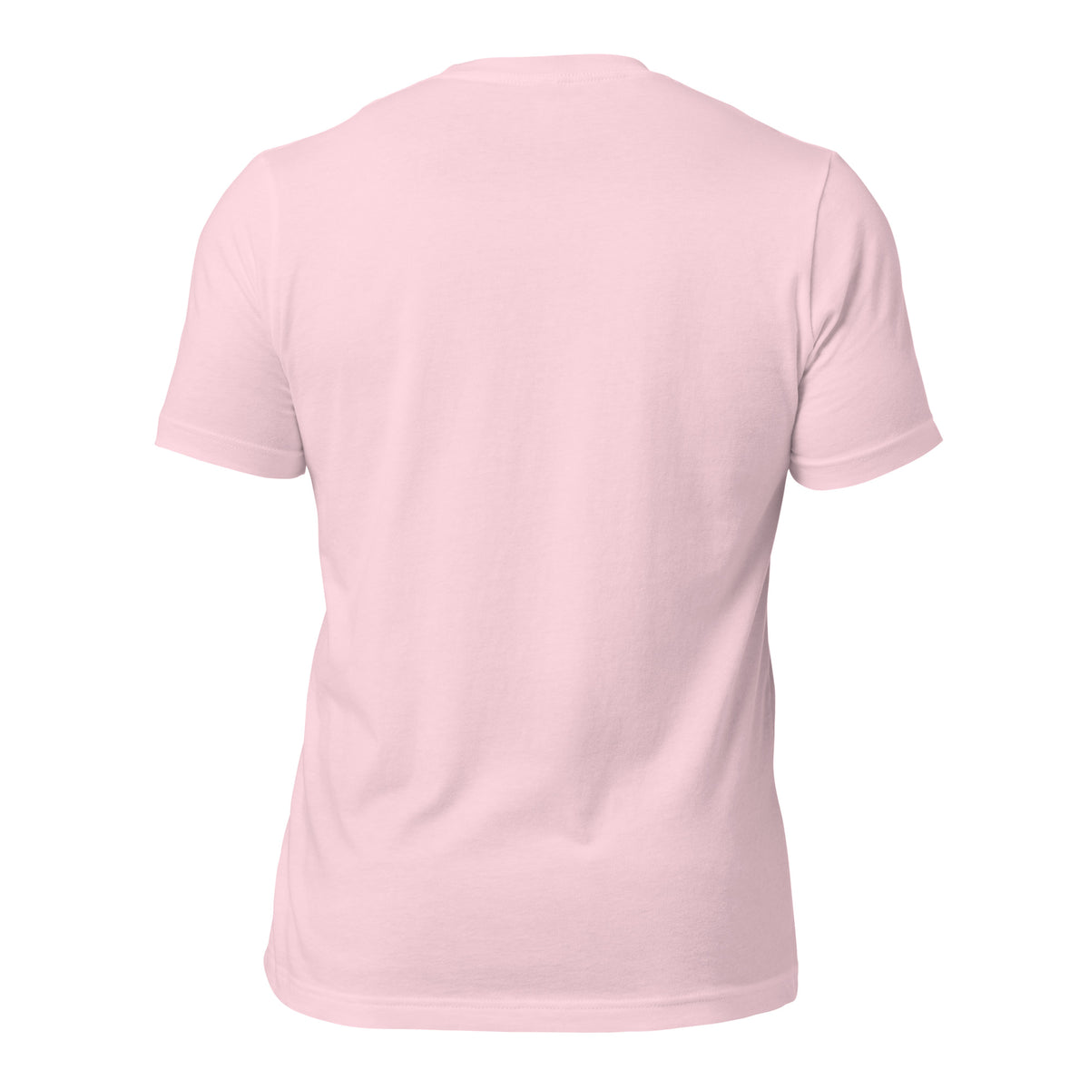 I Am Aligned affirmation design with a lotus, quartz and moon phases in gold, on a soft pink unisex t-shirt, back view