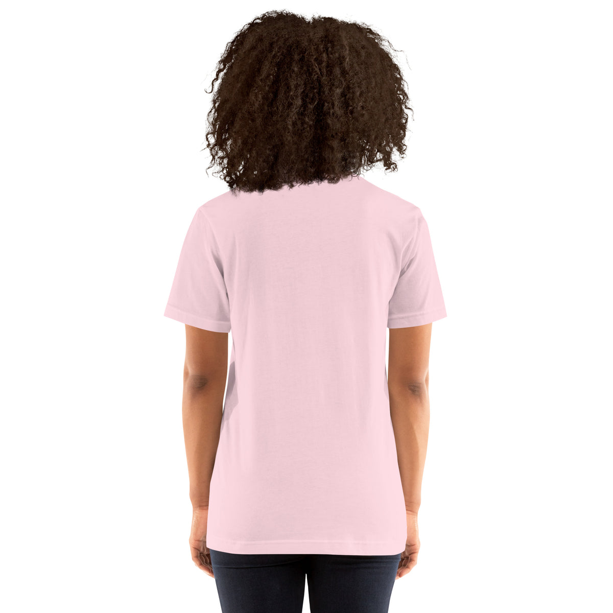 I Am Beautiful affirmation design with roses, butterflies and twin crescents in gold, on a soft pink unisex t-shirt, back view