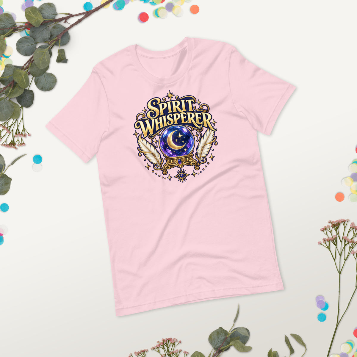Spirit Whisperer unisex t-shirt in soft pink, front view worn, showing the fit.