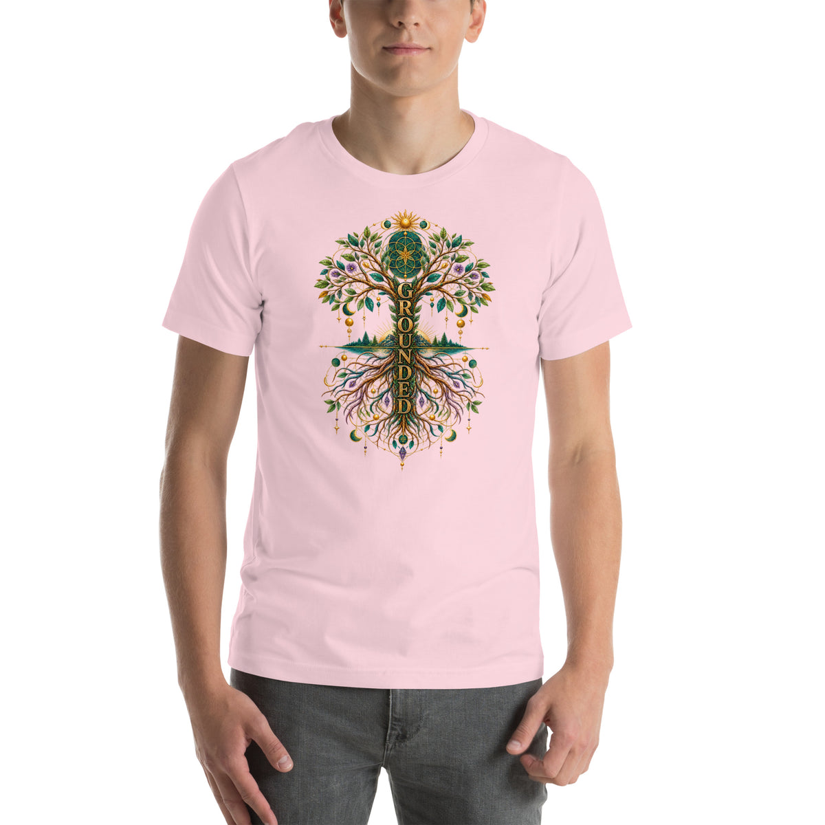 Grounded in Divine Energy design, on a soft pink unisex t-shirt, front view