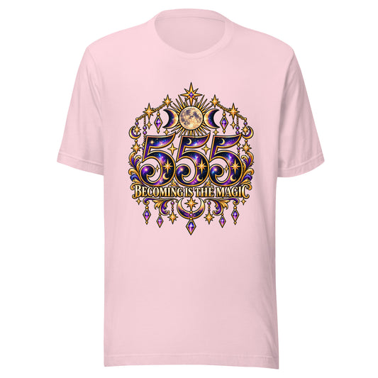 555 Becoming Is The Magic angel number design, a full moon between two crescents, hung with gold chains and amethyst drops, on a soft pink unisex t-shirt, front view