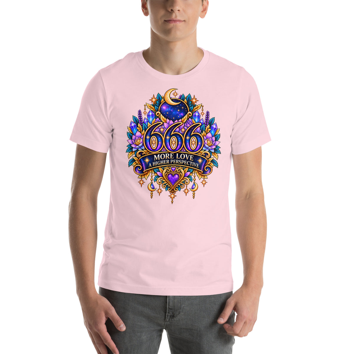 666 More Love angel number design, a crescent moon over a starry orb, with purple lotus flowers and blue crystals, on a soft pink unisex t-shirt, front view