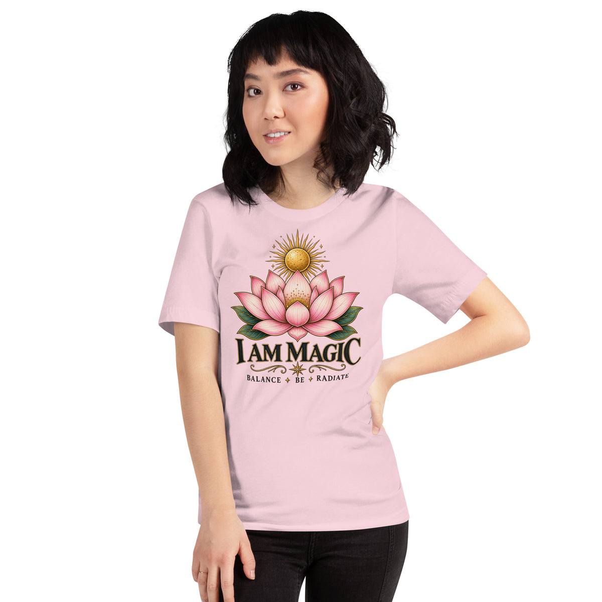 I Am Magic design with a gold lotus, Be Magical collection, on a soft pink unisex t-shirt, front view