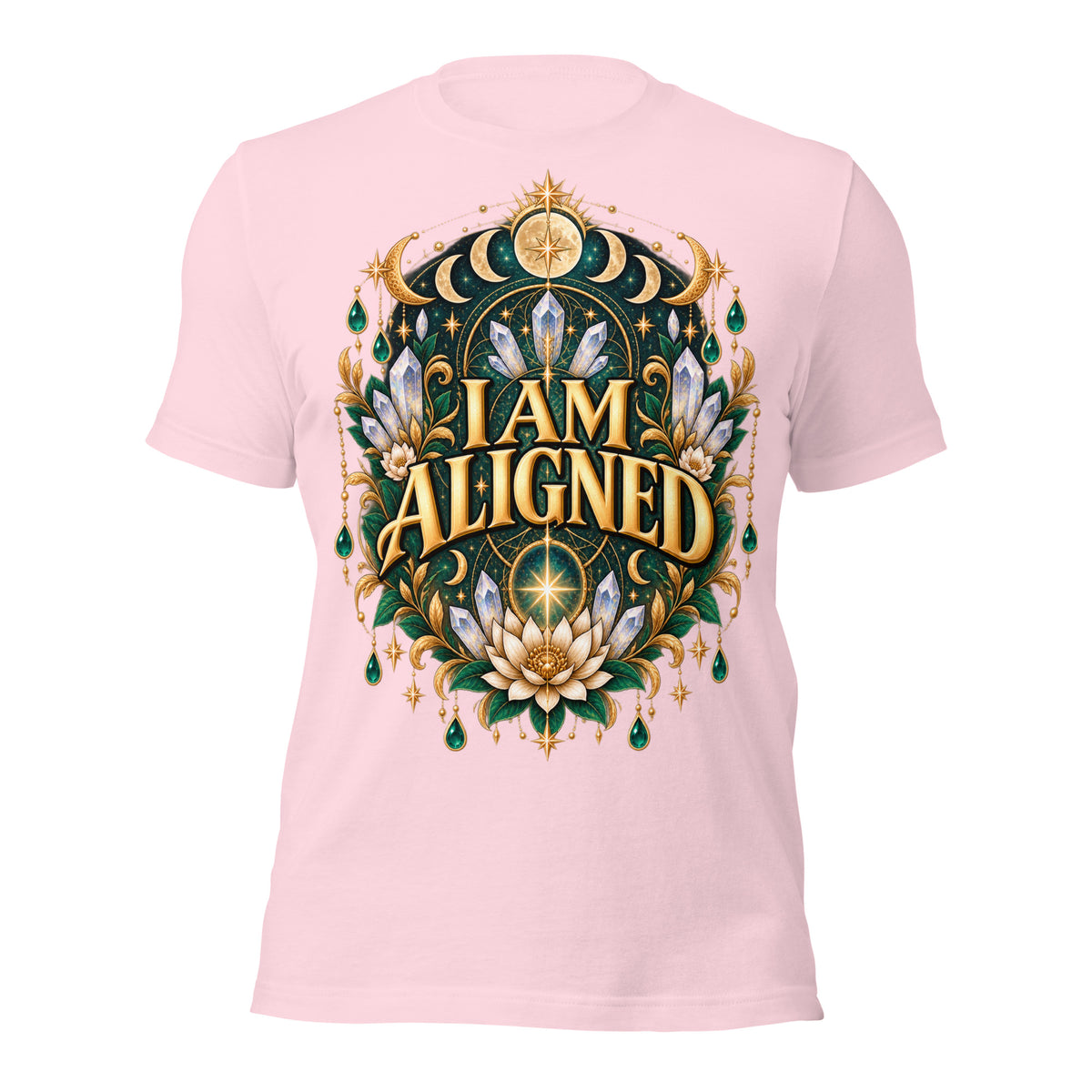 I Am Aligned affirmation design with a lotus, quartz and moon phases in gold, on a soft pink unisex t-shirt, front view