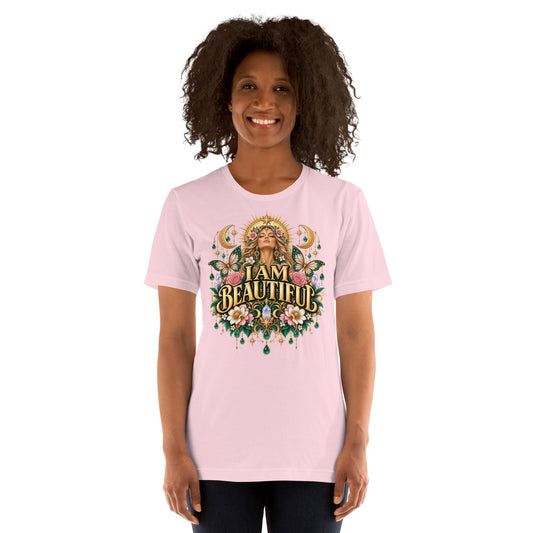I Am Beautiful affirmation design with roses, butterflies and twin crescents in gold, on a soft pink unisex t-shirt, front view