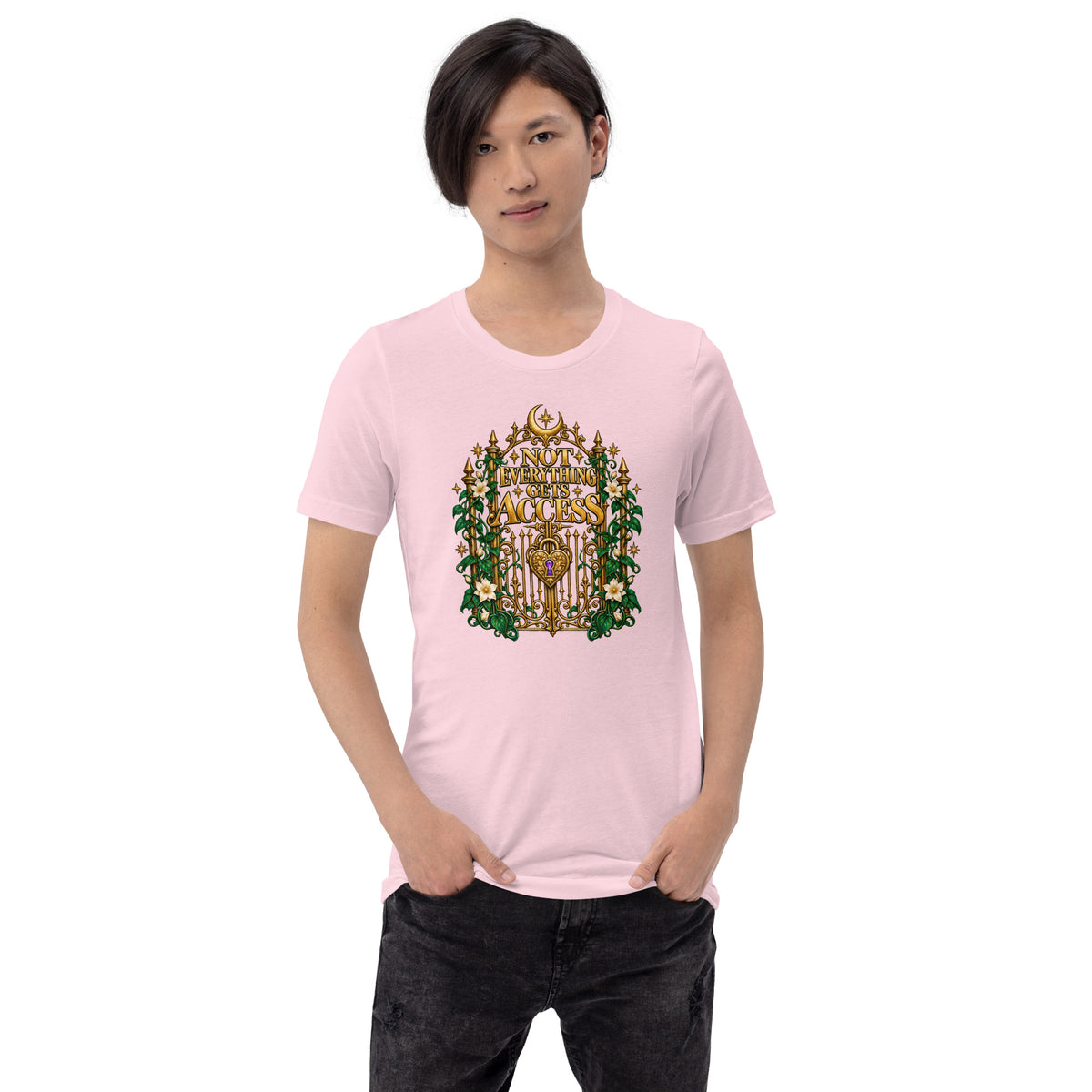Not Everything Gets Access design, an ornate gold gate with a heart-shaped padlock, framed by ivy and white jasmine, on a soft pink unisex t-shirt worn by a model, front view