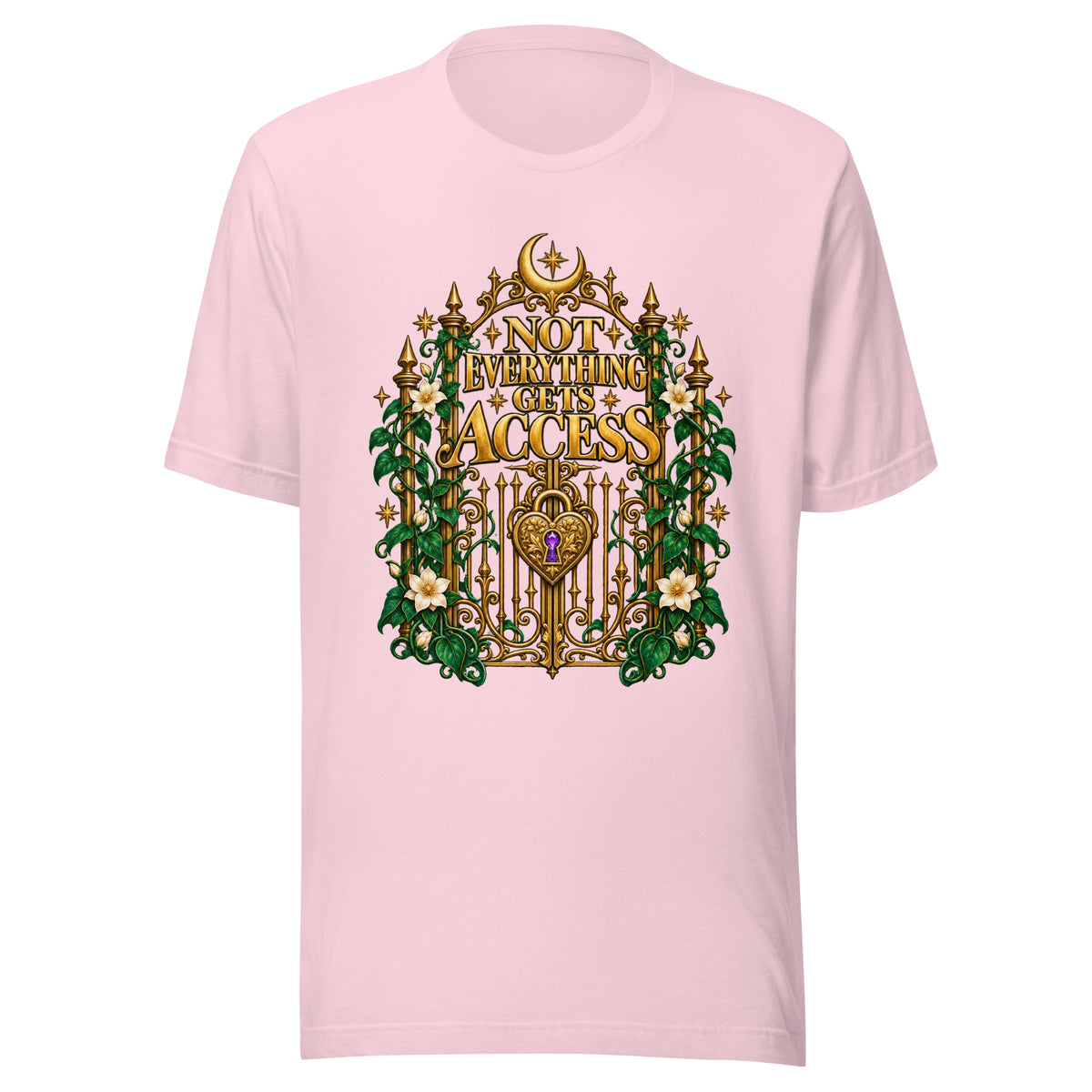 Not Everything Gets Access design, an ornate gold gate with a heart-shaped padlock, framed by ivy and white jasmine beneath a crescent moon, on a soft pink unisex t-shirt, front view