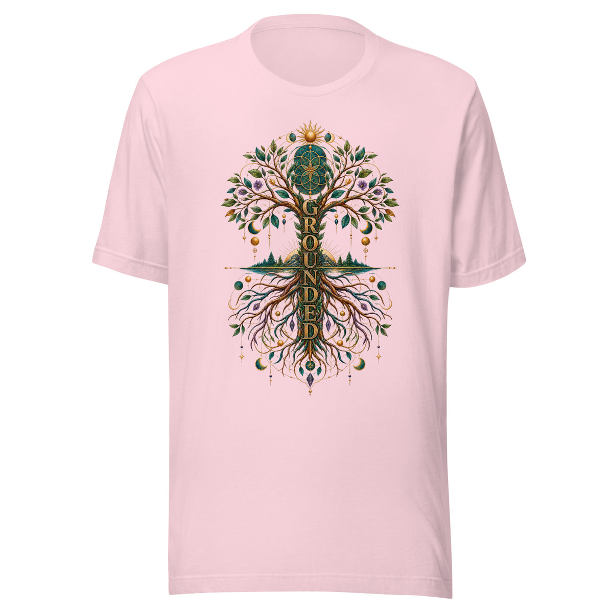 Grounded unisex t-shirt in soft pink, front. An art nouveau tree of life with roots mirroring the branches.