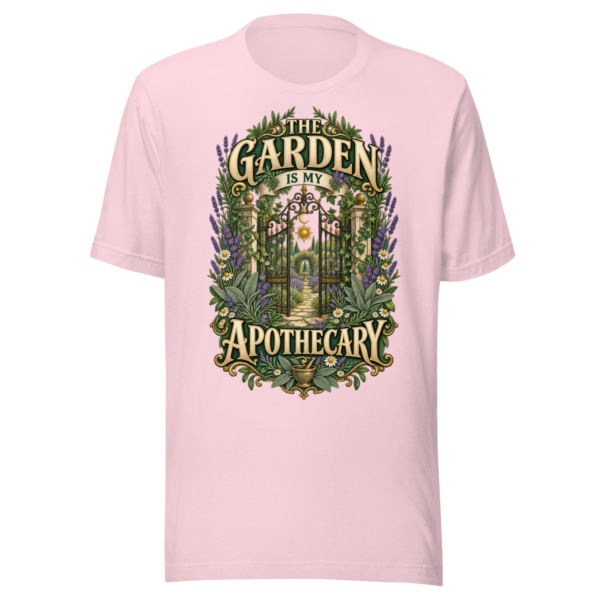 The Garden Is My Apothecary unisex t-shirt in soft pink, front. Gold apothecary lettering with lavender, daisies and a mortar and pestle.