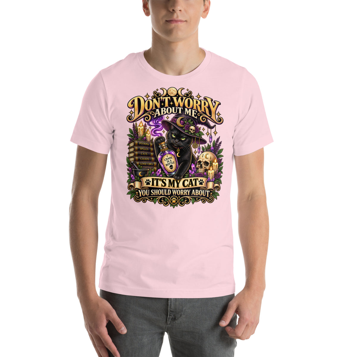 It's My Cat You Should Worry About black cat design on a Soft Pink unisex t-shirt, front view